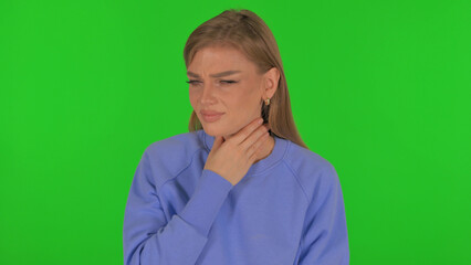 Sick Woman Coughing on Green Background