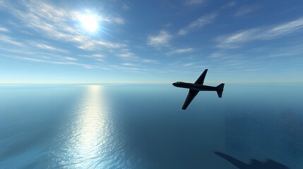 A sleek airplane soaring above a vast, tranquil sea with a bright blue sky, casting a shadow on the water below