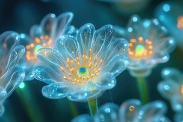 Obraz premium Luminous, translucent flowers with golden centers glow in a dark, ethereal setting.