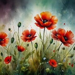Watercolour painting of an abstract flowering poppies and grass. Tranquil gardenscape. Delicate background. Celebrating of summer. Floral template. Bright drawing poster. Modern field meadow wallpaper
