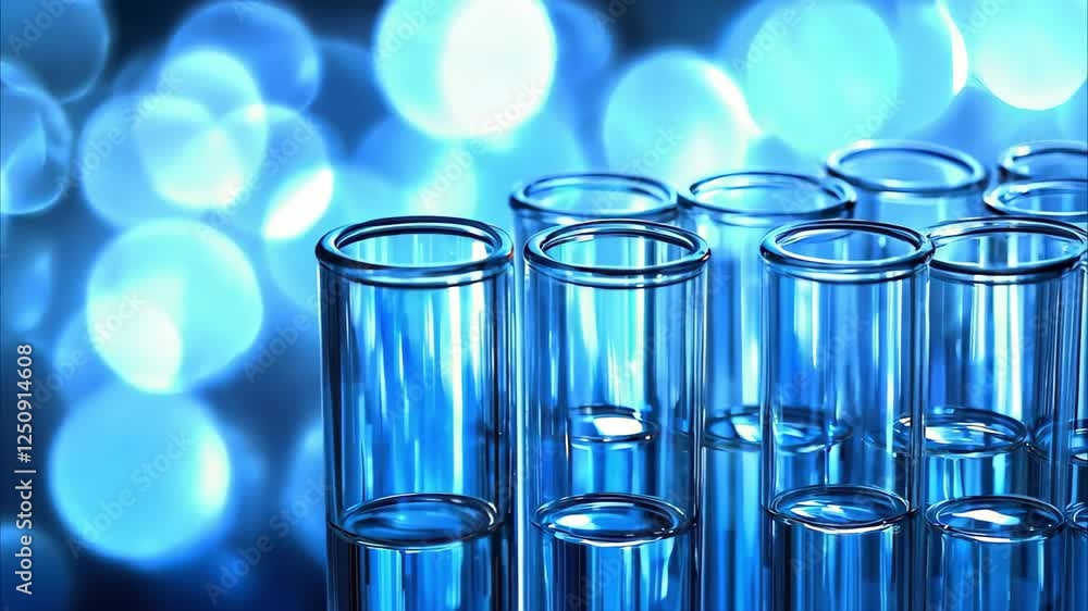 Poster test tubes are arranged with a soft blue bokeh background, creating a vibrant and scientific atmosph