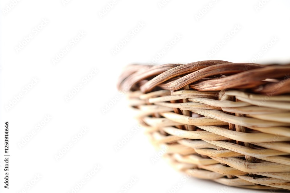 Poster A close-up view of a wicker basket sitting on a wooden table, with a simple and rustic design