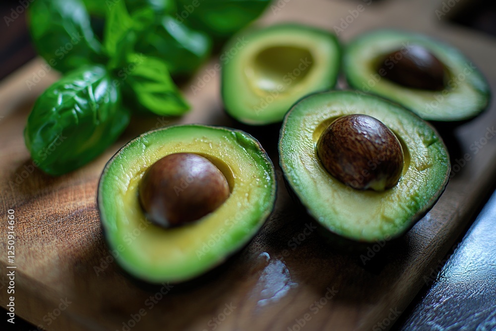 Poster fresh avocado sliced in two on a wooden cutting board, ready for use or garnish