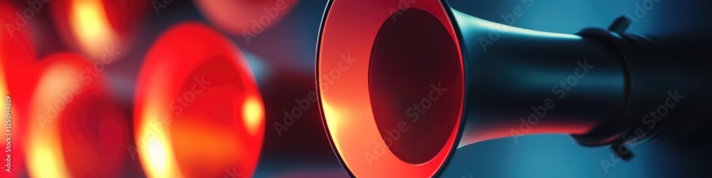 Poster a close-up shot of a speaker with bright red lights in the background, ideal for music or presentati