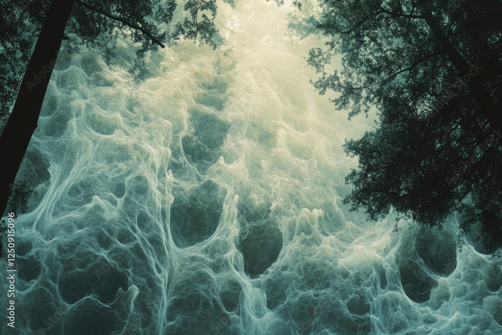 Poster enigmatic ethereal mist swirls through a dark forest canopy, creating a mystical and dreamlike atmos