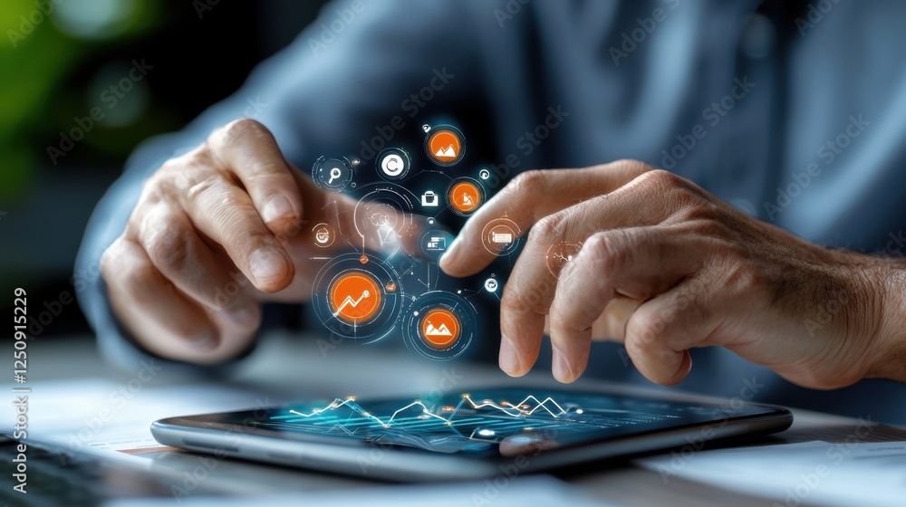 Poster futuristic digital marketing concept featuring interactive data visualization intelligence and advan