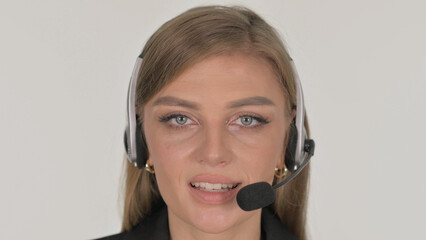 Close up of Call Center Employee with Headset Talking on White Background