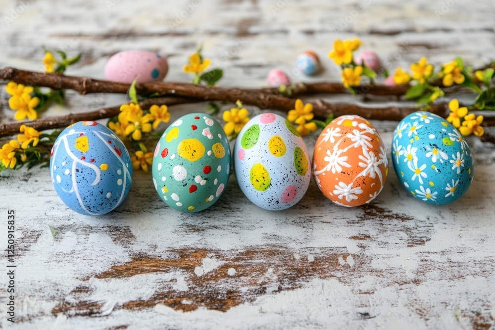 Poster a row of colorful painted eggs on a rustic wooden table