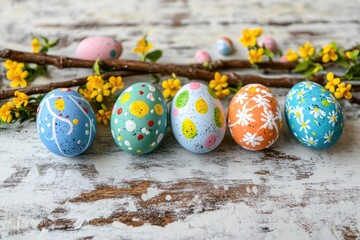 A row of colorful painted eggs on a rustic wooden table