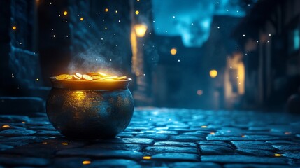 Glowing Gold Coins In A Cauldron At Night