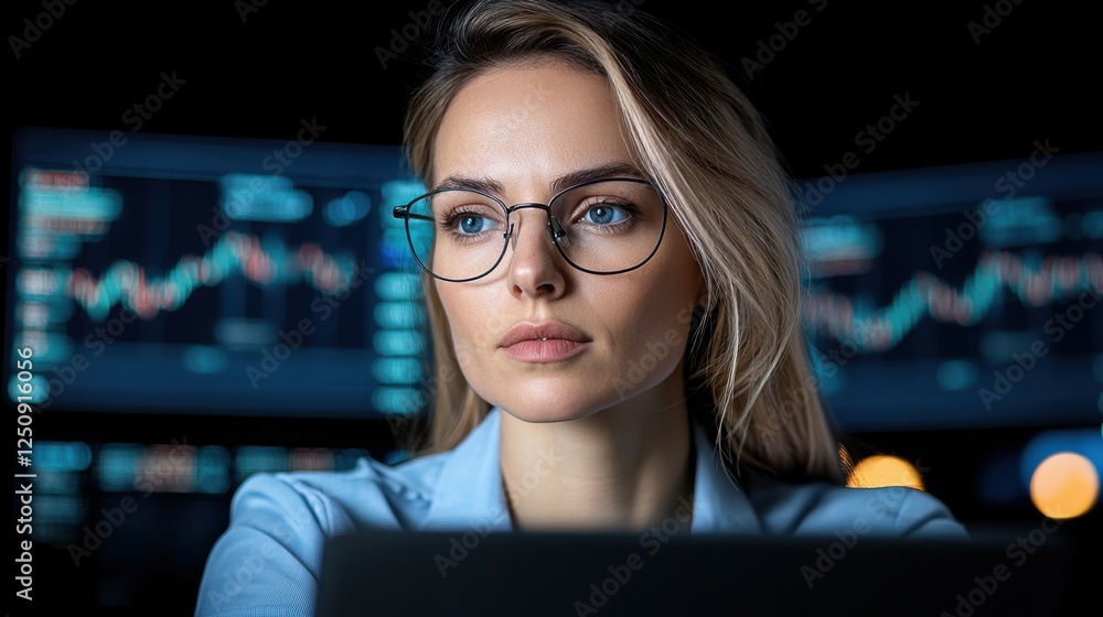 Poster portrait of a focused and determined female market analyst closely monitoring financial data charts 