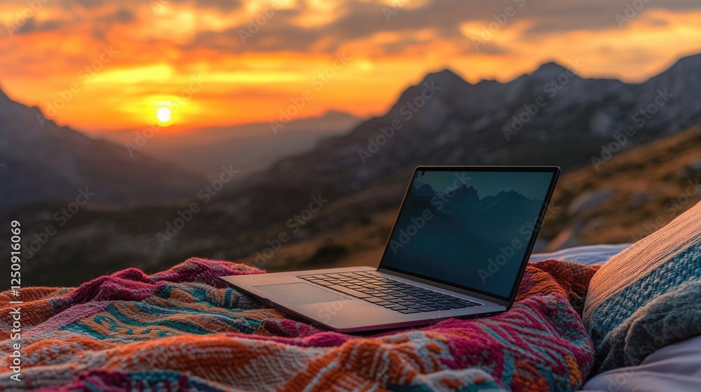 Poster a laptop computer sits on top of a bed, with a simple and modern design
