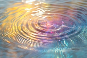 Vibrant iridescent ripples on water surface, reflecting sunlight creating colorful patterns.