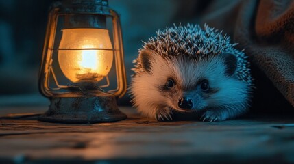 A baby hedgehog curled up near a lamp.