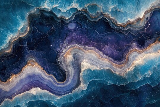 Abstract cosmic landscape resembling a geode with swirling blues, purples, and gold accents.