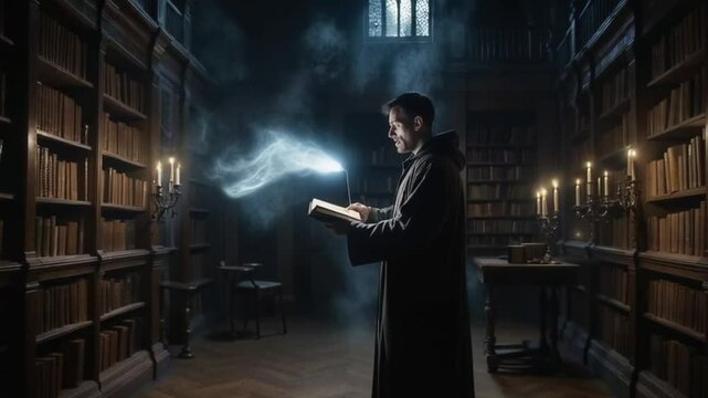 Wizard casting a spell from an ancient book in a dimly lit library filled with magical ambiance
