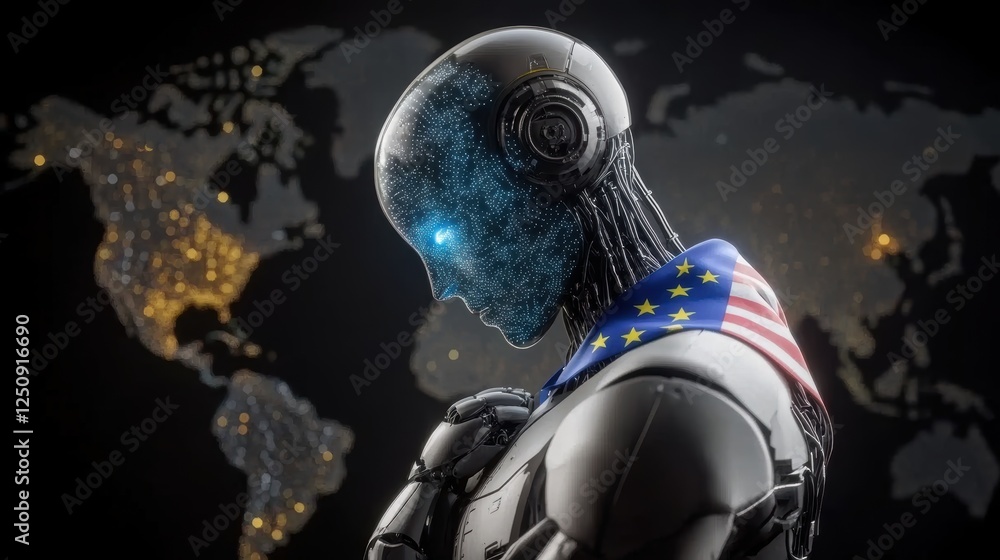 Poster a humanoid robot with a flag draped over its shoulders, set against a world map.
