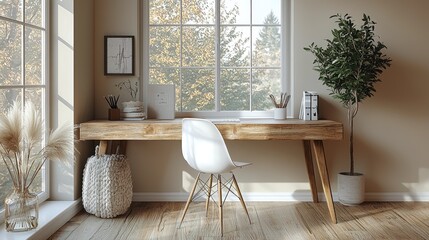 Fototapeta premium Modern Minimalist Home Office Workspace Near Window