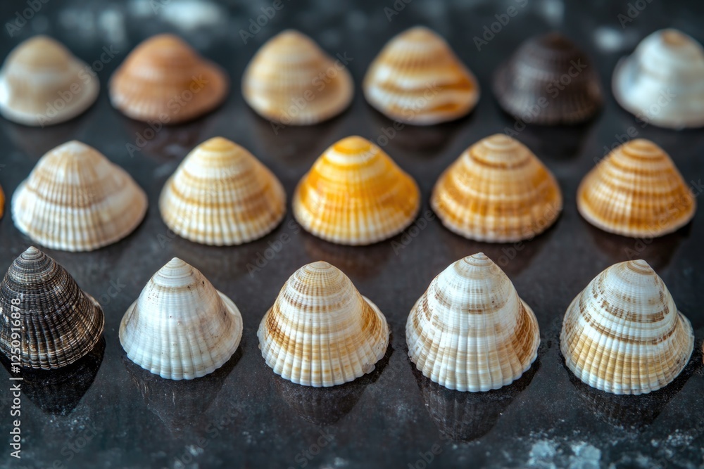 Poster a collection of seashells sitting on a table, ideal for decoration or display