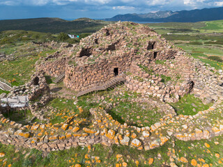 Nuraghe Seruci. Aerial drone view of the nuragic complex of Seruci, Gonnesa, Sardinia, Italy....