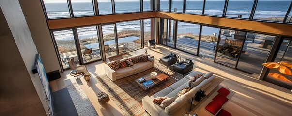 Obraz premium Aerial perspective of a modern, high-end living room with coastal views, showcasing stylish decor and expansive glass windows