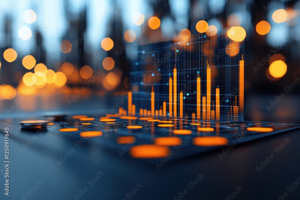 Poster futuristic financial data visualization and investment analysis dashboard featuring dynamic market c