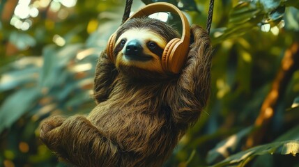 Obraz premium A sloth relaxing with headphones.