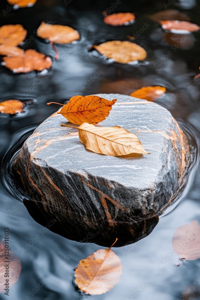 Poster a natural rock formation with a single leaf perched on top, ideal for use in illustrations about nat