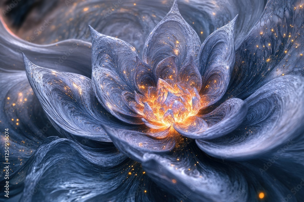 Poster a mesmerizing fractal flower, glowing with inner light and intricate details, creating a surreal and