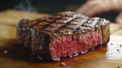 Juicy grilled steak on wooden board.