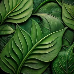 Luxurious tropical leaf texture with intricate abstract green patterns. Stunning nature 