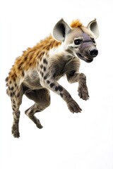 Obraz premium A wild hyena jumping in mid-air with its mouth open, caught in a moment of excitement