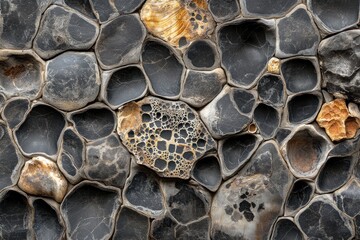 Coastal cliff's unique rock formation texture; pebble detail; blurred background; design element