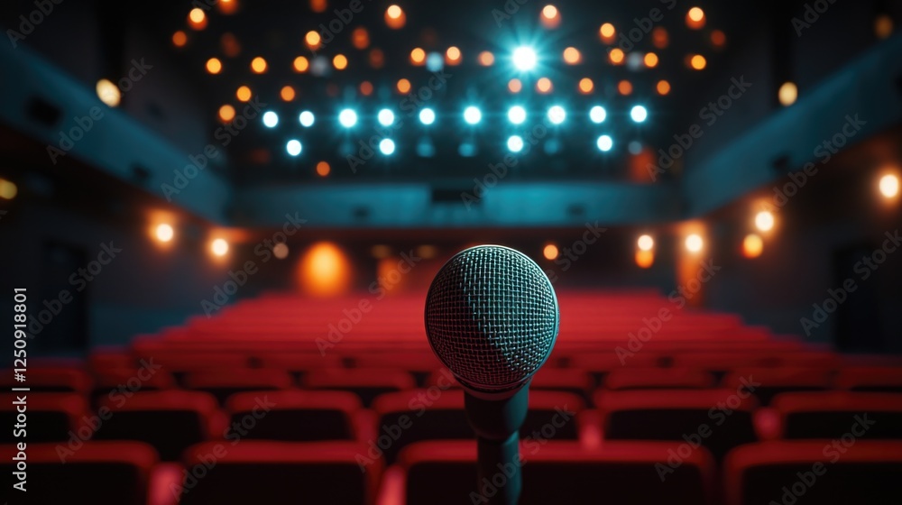 Aufkleber a microphone sitting on top of a red chair, a common setup for recording or presenting