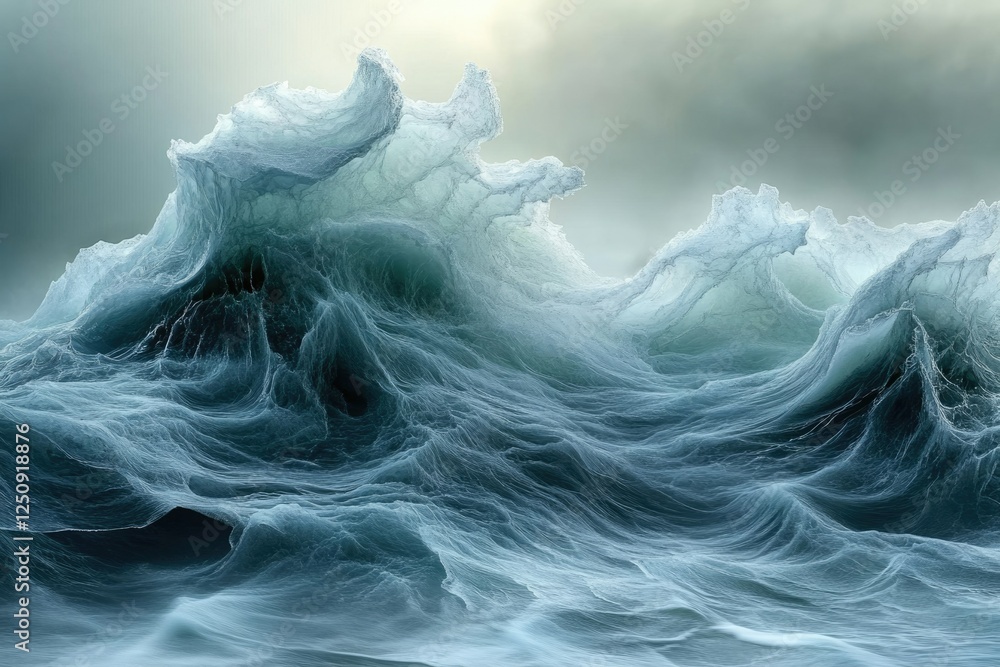 Poster abstract depiction of ocean waves, showcasing their intricate texture and powerful form in a serene,
