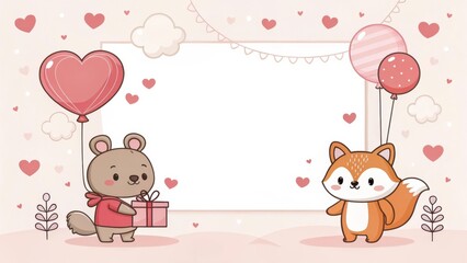 Fototapeta premium Pink Baby Shower Card with Cat and Bear Illustration for Boy with Heart and Teddy Design