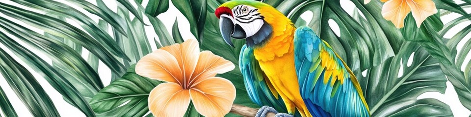 Fototapeta premium Colorful parrot sitting high above, looking out at the surrounding environment