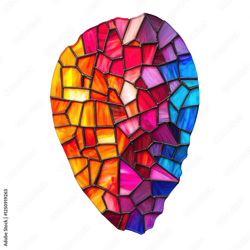 Poster vibrant abstract design featuring colorful stained glass pieces arranged in a mosaic pattern with a 