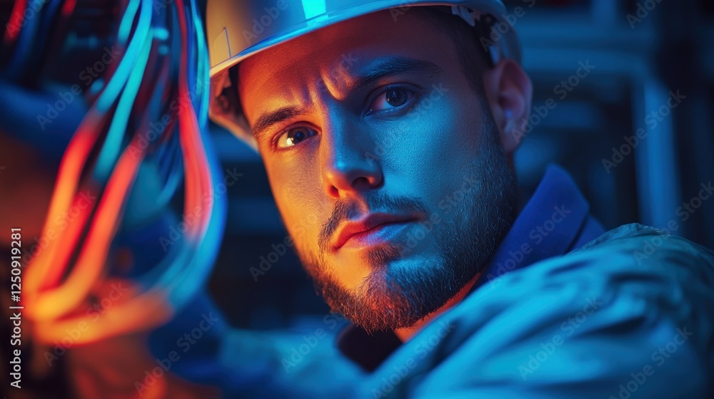 Poster technician inspecting cables in data center