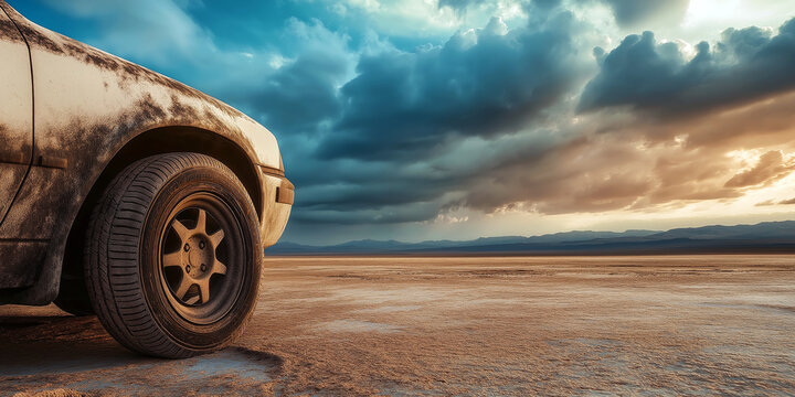 A flat tire on an abandoned car in a desolate desert, with dramatic clouds rolling in the sky.