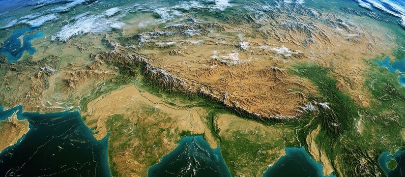 Himalayan Mountains aerial view, showing Asia's geography and surrounding waters; educational map