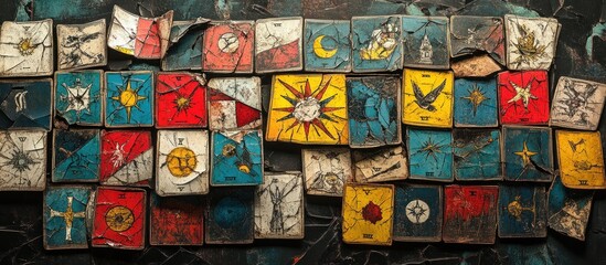 Cracked antique game tiles; mystical symbols; dark background; fortune-telling