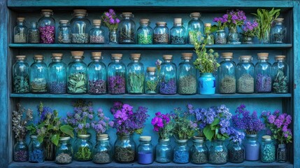 Obraz premium Teal shelf, herbal remedies, dried flowers, studio, apothecary