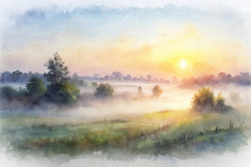 Serene landscape painting, soft sunrise glow, misty morning scene, tranquil nature view, watercolor style artwork.