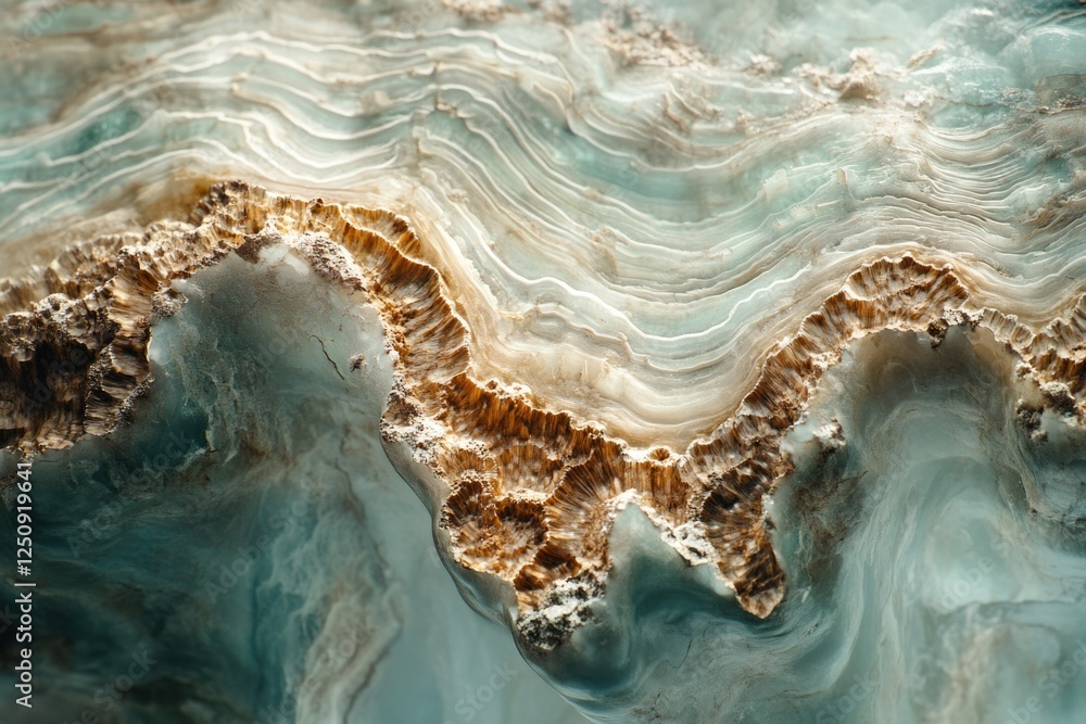 Poster close-up view of a stunning teal and brown agate geode, showcasing its intricate layered structure a