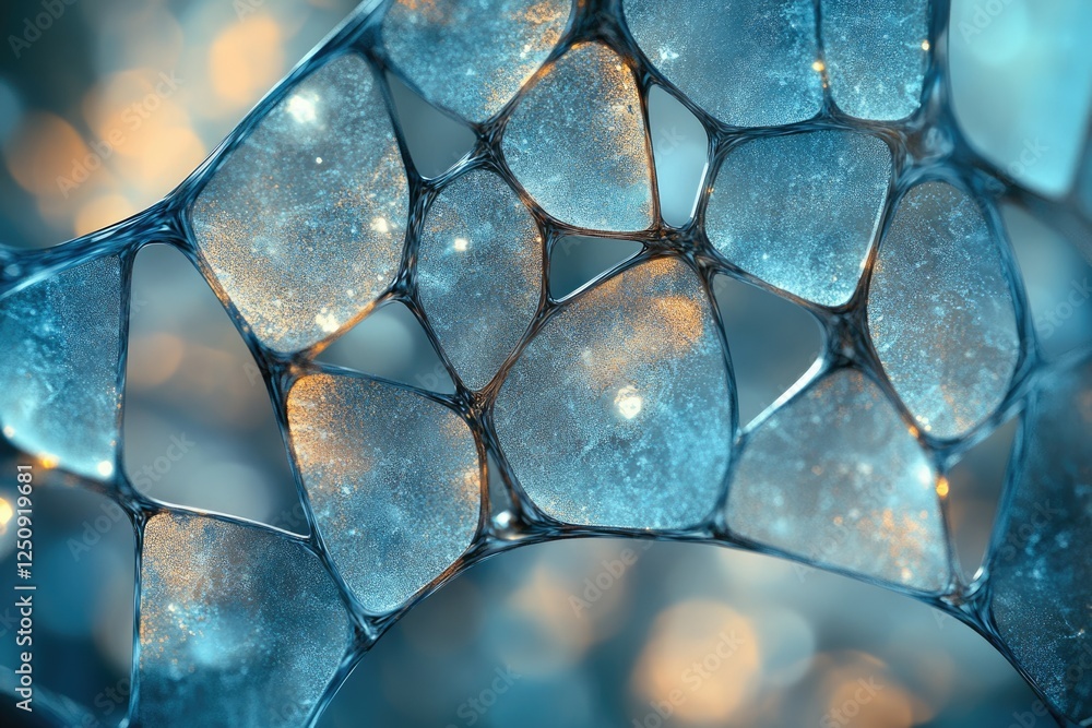 Poster abstract image of a network of interconnected, translucent, blue and gold cells, resembling a micros