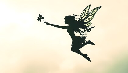Silhouette of a Fairy Flying with a Flower