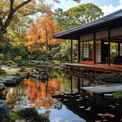 Obraz premium Autumnal Japanese Garden Pavilion Reflection