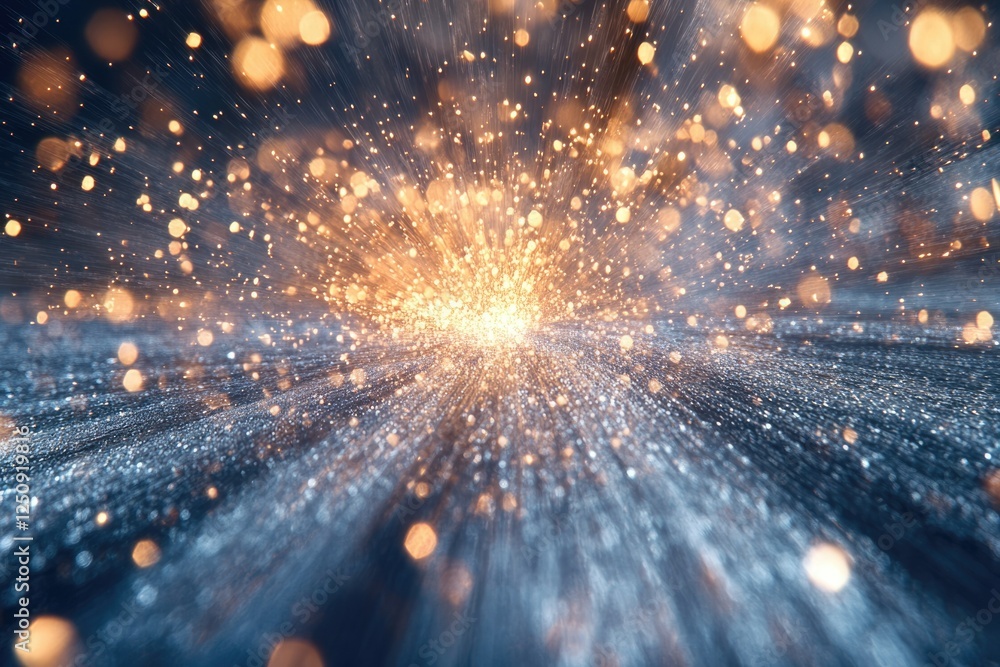 Poster glowing particles burst outwards, creating a radiant, sparkly explosion of light and color.