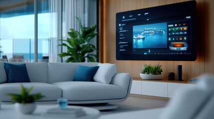 Futuristic digital panels and smart home controls integrated into the modern minimalist interior design of a luxury living room  Advanced technology and automation create a seamless